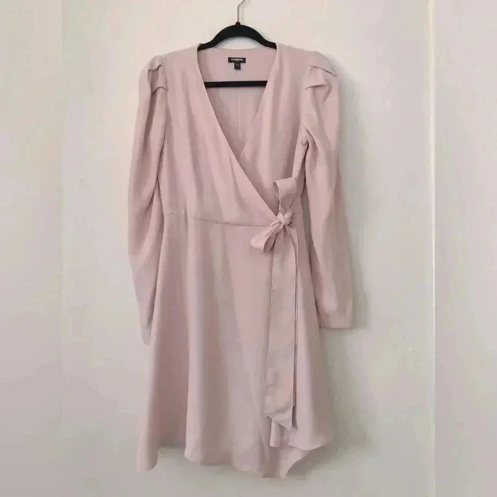 Pink Express Puff sleeve wrap tie dress- size S - Picture 2 of 7
